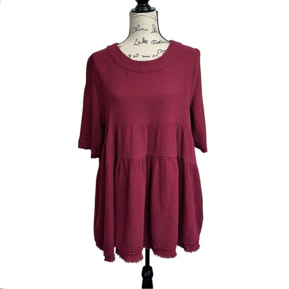 Newbury Kustom Maroon Textured Gauze Tiered Shift Babydoll Mini Dress, Small - Picture 2 of 10